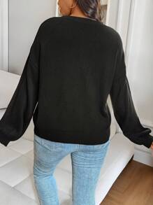 EMERY ROSE Suéter holgado de punto con lazo brillante y cuello redondo, manga caída para mujer talla grande, suéter de punto de otoño/invierno - Negro - Ver 2