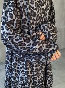 FRIFUL 女式前扣长袖休闲豹纹长裙 - 深灰色 - 查看 6