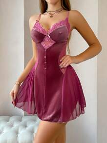Lace Patchwork Velvet Women's Nightgown Slip Dress - Red Violet - View 5