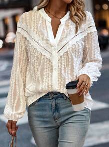 SHEIN LUNE 女式正面纽扣纯色拼布长袖休闲衬衫 - 白色 - 查看 4