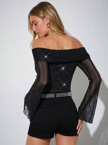 SHEIN EZwear 女士黑色网眼亮片露肩喇叭袖短款上衣 - 彩色 - 查看 5