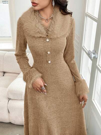 Modelyn Women Front Button Long Sleeve Fluffy Patchwork Casual Loose Dress Long Evening Dresses