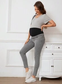 SHEIN Maternidad Jeans entallados de cintura alta de color block con estiramiento informal