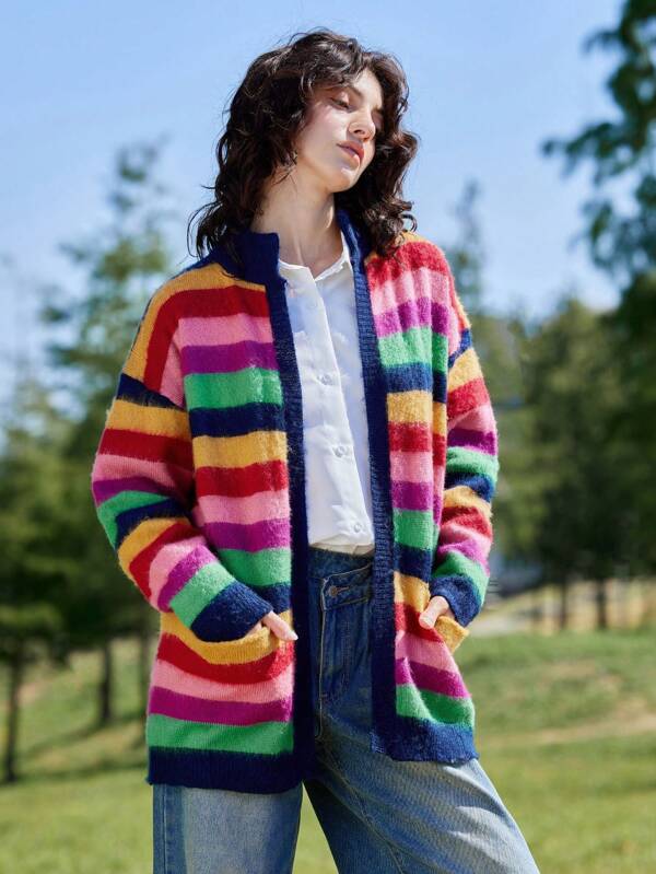Skyraze Cardigan cu dungi contrastante albastru bleumarin pentru femei, model geometric