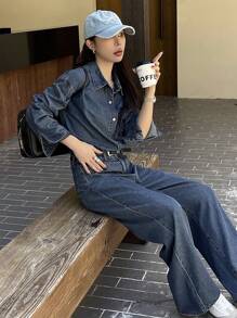 DAZY Women's Western Style Denim Outfit, Washed Denim Shirt And Flare Denim Pants Woman Denim Set,Fall Women Clothes - Medium Wash - View 1