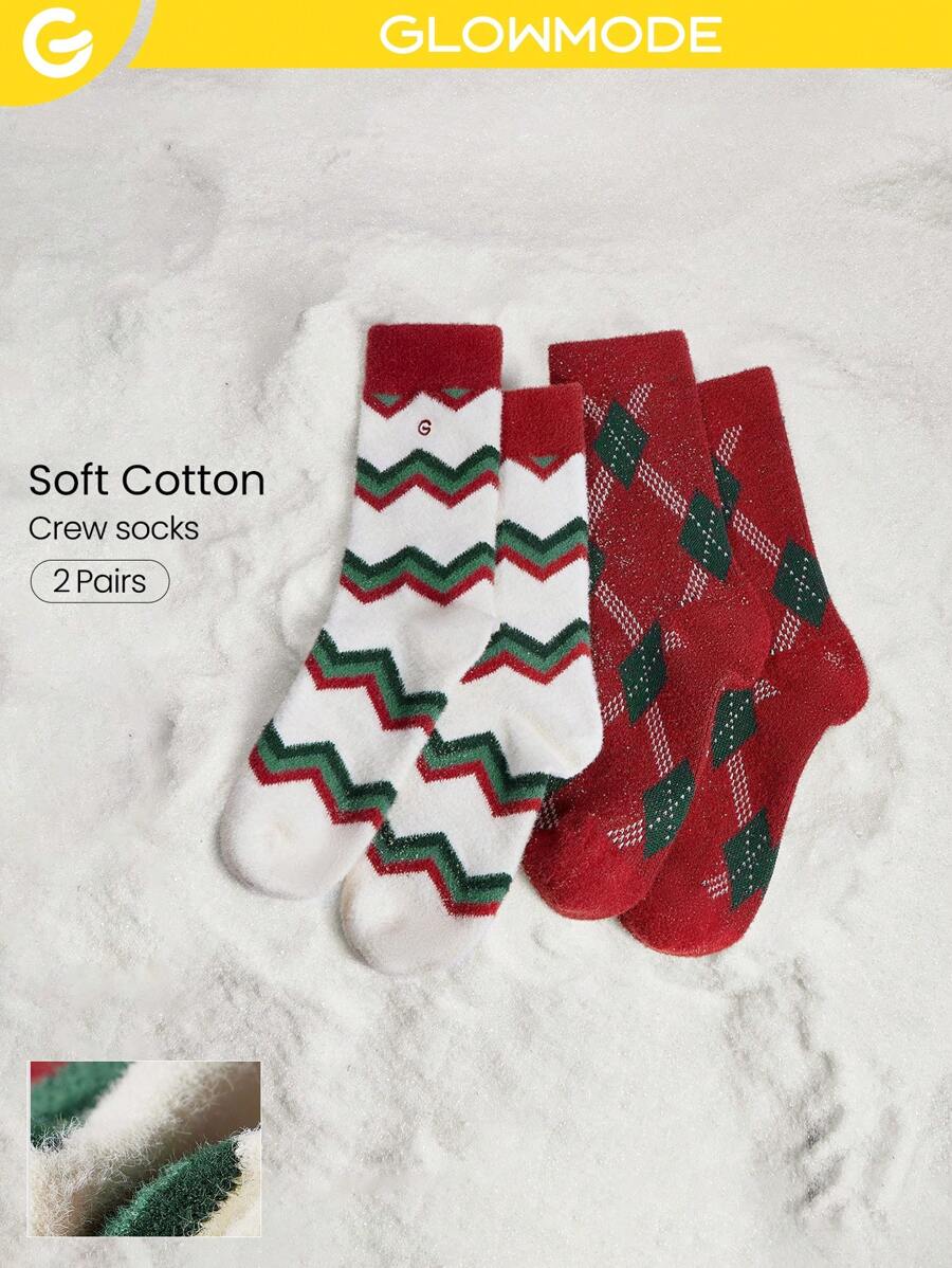 GLOWMODE 2 Pairs Warm Soft Fuzzy Bliss Jacquard Crew Socks Christmas Gifts Daily Casual Fall Winter - Red and White - View 1