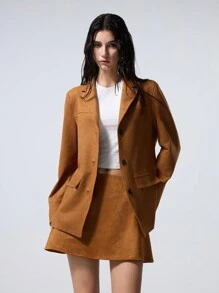 LYSMO Single-Breasted Faux Suede Loose Fit Blazer - Brown - View 3