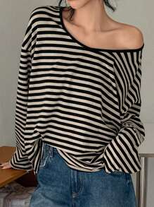 DAZY Camiseta suelta de manga larga y cuello en V a rayas simple para mujer, informal para uso diario