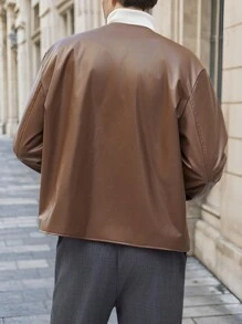 Manfinity VCAY Men's Woven Loose Open Front Jacket, Zipper Jacket Fashion Long Sleeve Lightweight Jacket, For Autumn/Winter Season Going Out, Friends, Husband, Boyfriend Gifts - Brown - View 2