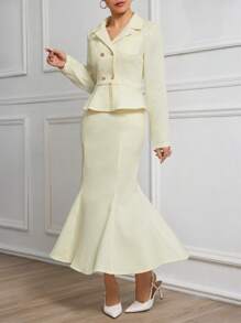 Modelyn 2pcs/Set Women Fall Plain Collar Jacket And High-End Skirt Apricot Suit 2 Pieces Set