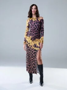 SHEIN Unity Seksowna sukienka z długim rękawem i nadrukiem w panterkę w wielu kolorach i wysokim rozcięciem na Nowy Rok