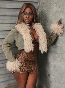 SHEIN SXY Women's Light Color Casual Retro Fluffy Collar Denim Jacket For Autumn/Winter - Blue - View 3