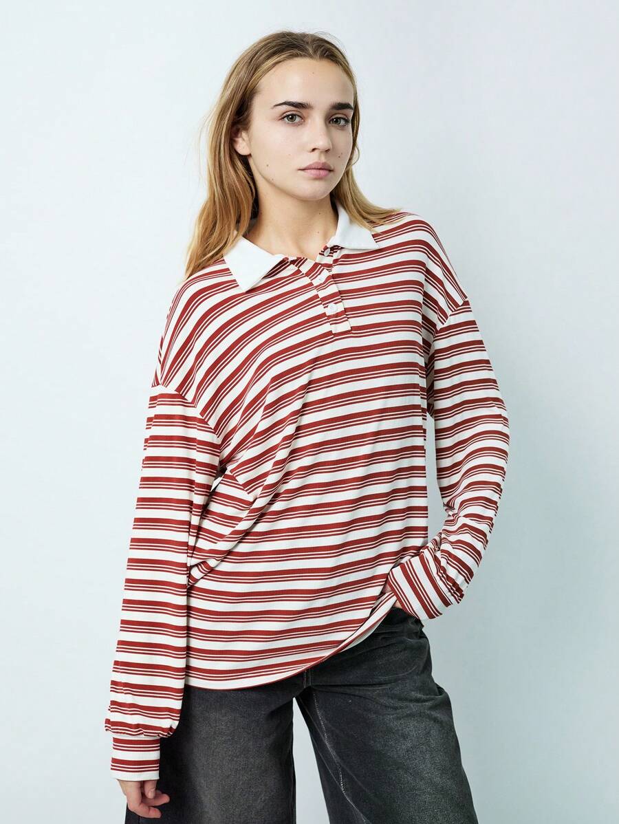 SHEIN Unity 1 Stück Damen Rot & Weiß gestreiftes Kontrast-Farbblock Loose Langarm T-Shirt, Vintage College Stil, Lässig für Herbst/Winter Grafik T-Shirts Damen Tops für Frühling - Verschiedenfarbig - Übersicht 1