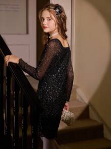 Elegancka sukienka dla dziewcząt z cekinami i kwadratowym dekoltem, dopasowana, idealna na imprezy i wydarzenia wiosną i jesienią, czarna sukienka, sukienka świąteczna, sukienka imprezowa