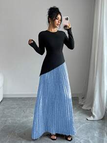 Elenzga Women's Autumn Round Neck Long Sleeve Color Block Pleated Hem Elegant Dress Maxi Women Outfit - Blue - View 5