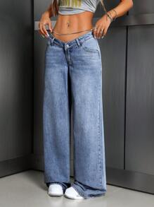 SHEIN ICON 女士前扣口袋简约牛仔裤，休闲日常穿着 - 中等水洗藍 - 查看 5