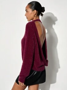 Maija 女士优雅纯色露背圆领保暖毛绒长袖情人节套头衫，早春 - 紅色 - 查看 3