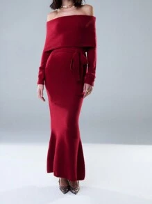 SHEIN Unity Winter Off Shoulder Tie Waist Knitted Long Sleeve Dress Winter New Years Dress Women Fall Cloth For Women - Burgundy - View 7