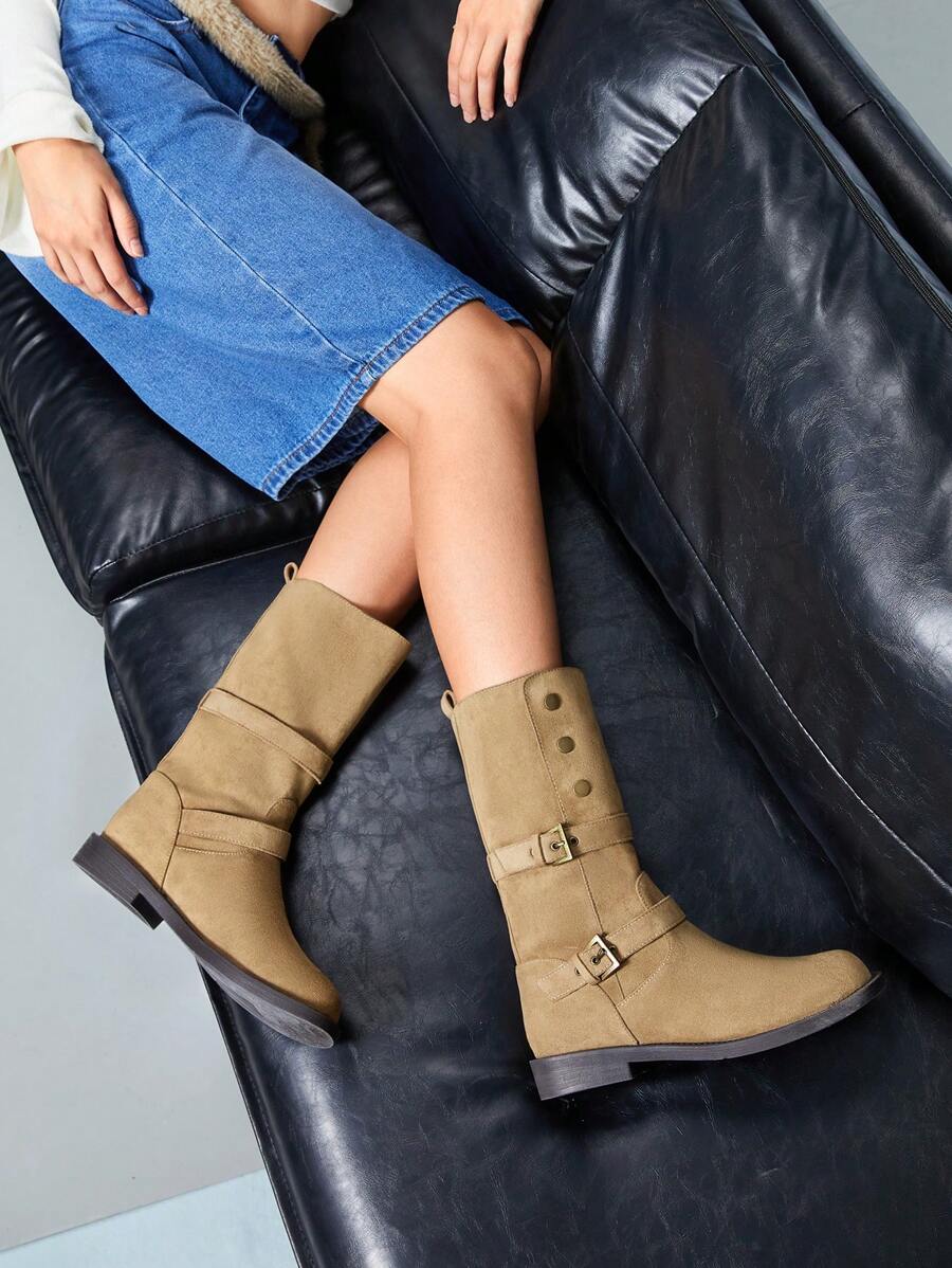 CUCCOO GRLICON Women's Mid-Calf Boots, Y2K Style, Punk Rock, Biker, Cool Girl Outfit, Suitable For Halloween, Christmas, Party - Khaki - View 1