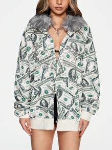 ROMWE Y2K Abby Street Fashion Forward Dollar Bill Print Bling Fuzzy Cap & Loose Women Sweatshirt