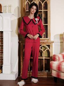 French Elegant Color Block Ruffle Trim Women's Pajama Set - Burgundy - View 7