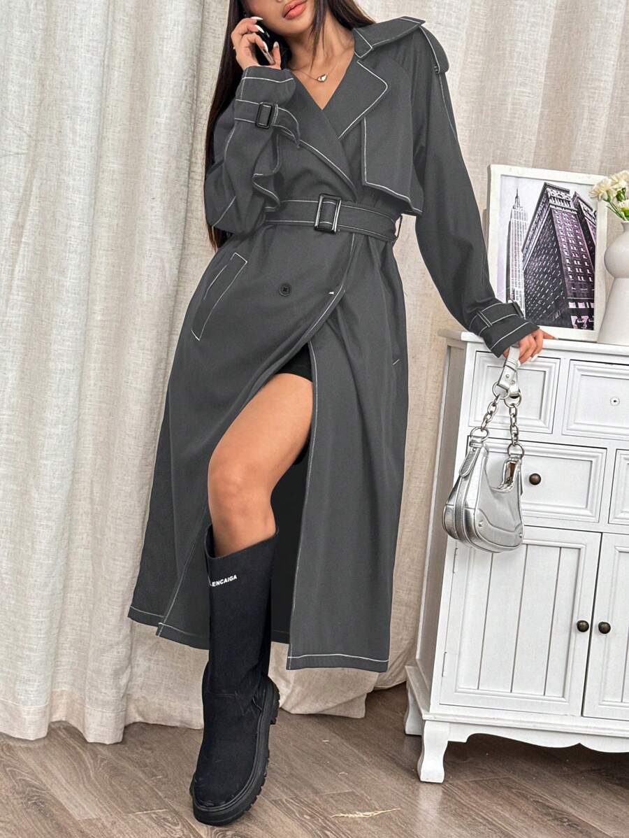 Muchica Black Double Breasted Belted Trench Coat - Grey - View 1