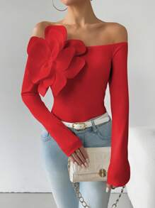 Calvaya Vrouwen Off Shoulder Effen Kleur 3D Bloemen Lange Mouw Slim Fit Elegant T-shirt Voor Nieuwjaarskleding
