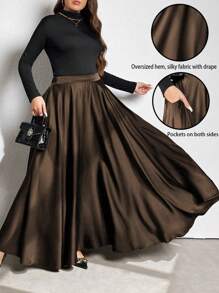 EMERY ROSE Plus Size Solid Color Flare Skirt, Casual Everyday Wear Maxi