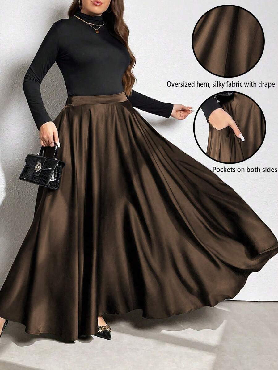 EMERY ROSE Plus Size Solid Color Flare Skirt, Casual Everyday Wear Maxi