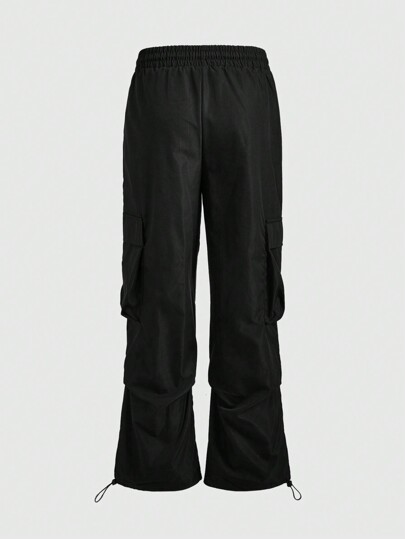 Street Life Men's Front Tie Letter Print Pocket Minimalist Design Long Cargo Pants, Casual Daily Wear