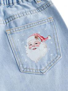 N_Standard Artist Tween Girls' Casual Washed Santa Claus Print Straight Leg Jeans, Holiday, New Year - Blue - View 4