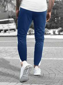 Manfinity Homme 男式字母图案撞色侧缝抽绳腰部运动裤 - 藏蓝色 - 查看 2