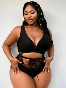 SHEIN Slayr CURVE Plus Size Black Sexy Mesh Splice Hollow One-Piece Swimsuit Summer