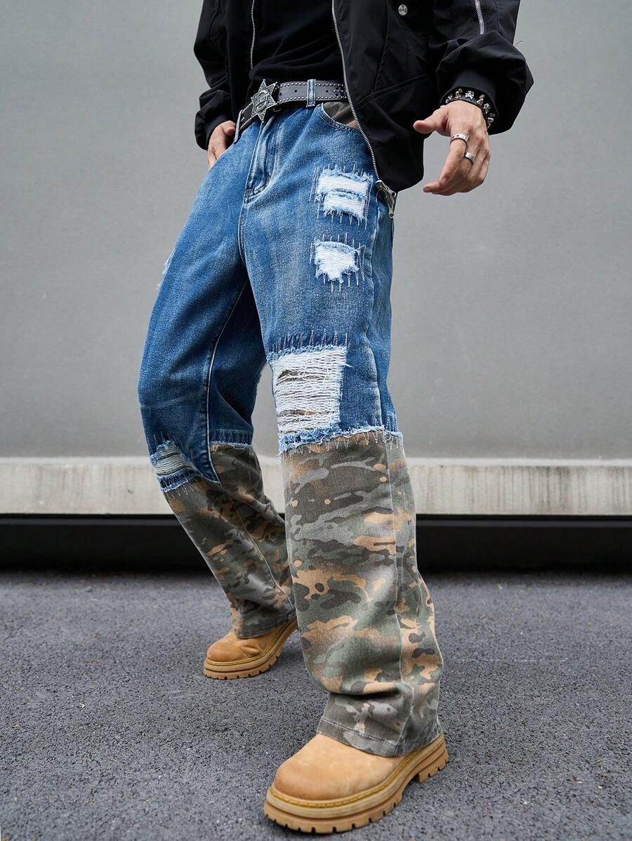 Manfinity EMRG Men's Camouflage Print Ripped Pocket Casual Versatile Denim Jeans