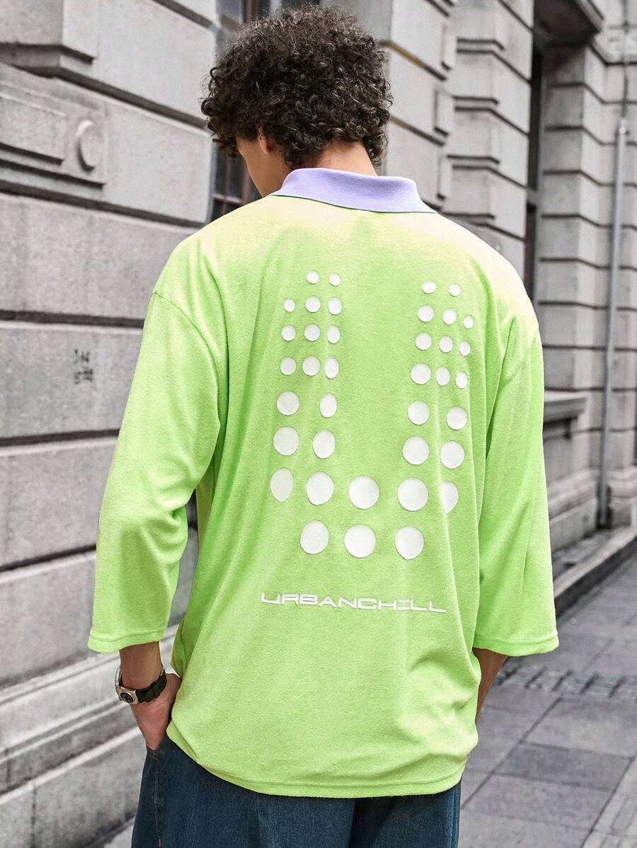 Manfinity VCAY Men's Knitted Terrycloth Textured Fabric Polo Shirt,Lime Green Summer Streetwear City Break,Loose Collar Clashing Colors Exquisite Monogram,Daily Wear - Green - View 1