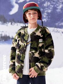 SHEIN Tween Boy Camouflage Print Patched Long Sleeve Fleece Jacket, Autumn/Winter