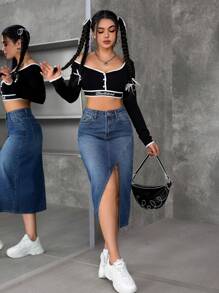 SHEIN PETITE Women's Casual Washed Denim Split Hem Skirt - Blue - View 3