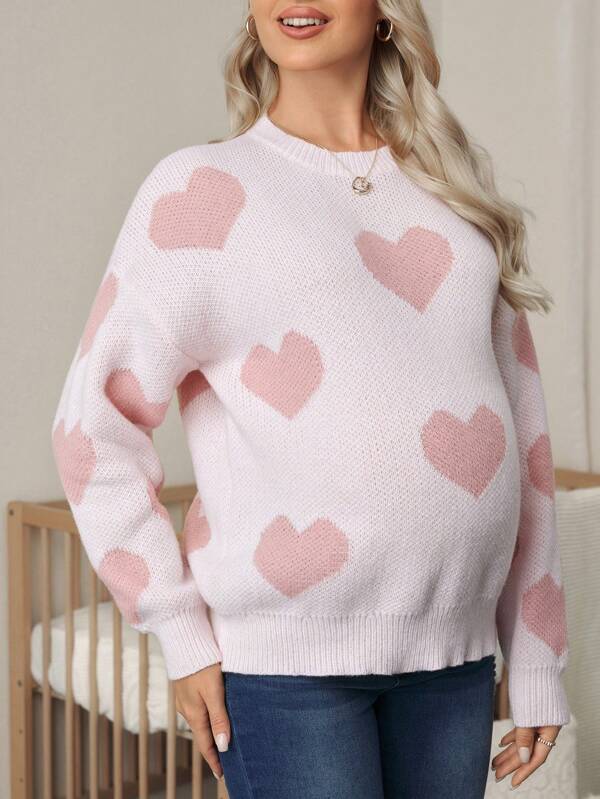 SHEIN Jersey de hombros caídos con estampado de corazón para mujer embarazada, informal para otoño/invierno