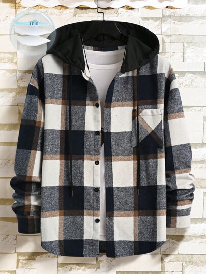 Manfinity Homme Chaqueta con capucha con cordón y estampado de cuadros para hombre, otoño