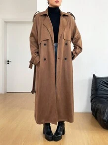 SHEIN EZwear Áo khoác dài thường ngày hai hàng khuy cỡ lớn cho nữ, mùa thu - màu nâu - Xem 2