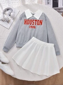 SHEIN 2 件女童字母刺绣运动衫和白色休闲迷你裙套装，适合秋冬季 - 灰色 - 查看 1