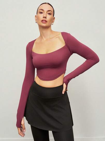 Activina 女士酒红色心形领长袖休闲上衣，适合日常健身和芭蕾舞