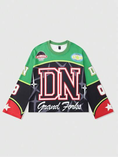 Street Life تيشيرت رياضي من الجرسي طويل الأكمام بطباعة حرفية وألوان متباينة للرجال