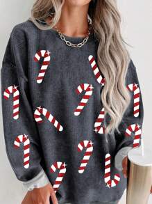 INAWLY Women's Casual Drop Shoulder Loose Fit All Over Christmas Print Fleece Sweatshirt, Autumn Pullover Fall