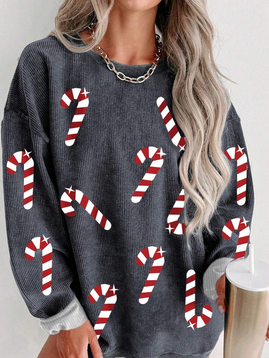 INAWLY Women's Casual Drop Shoulder Loose Fit All Over Christmas Print Fleece Sweatshirt, Autumn Pullover Fall