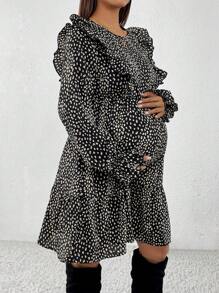 SHEIN Maternity Frenchy All Over Print Ruffle Trim Flounce Sleeve Dress - Black - View 6
