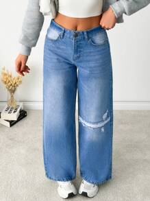 EURMUSE LOW WAIST WIDE LEG BAGGY JEAN SIMPLE FASHIONABLE DAILY CASUAL - Light Wash - View 6