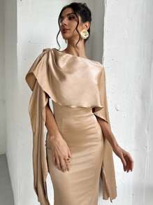 Firerie Christmas Party Women 2 Pieces Scoop Neck Cape Sleeve Top And Skirt Set, Elegant - Apricot - View 4