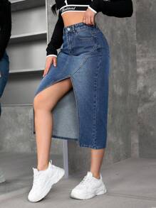 SHEIN PETITE Women's Casual Washed Denim Split Hem Skirt - Blue - View 5