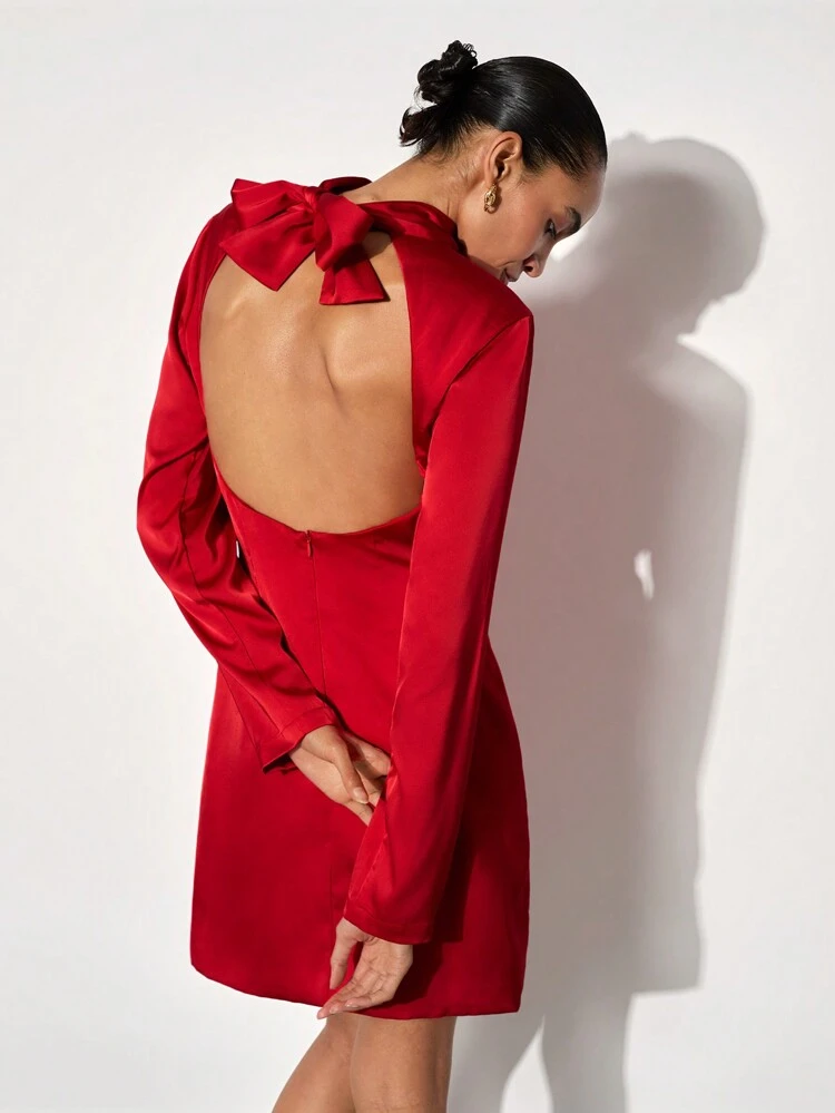 SHEIN Maija Women's Elegant Satin Stand Collar Ribbon Tie Side Ruched Cutout Back Christmas Party Fitted Mini Dress, Long Sleeve, Autumn/Winter Valentine's Day